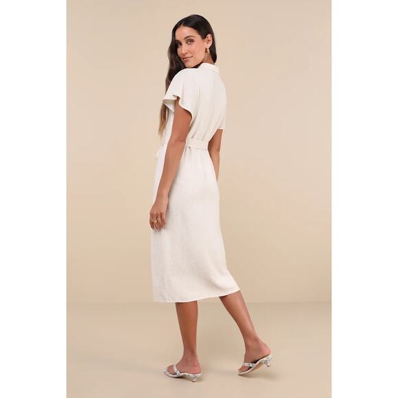 Lulus Italian Summer Linen Midi Dress Womens Medium Beige Button Front Tie Waist - Picture 3 of 13